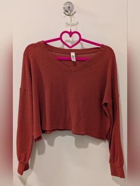 Mahina Hawaii Waffle Knit V-Neck Long Sleeve Crop Top - Rust